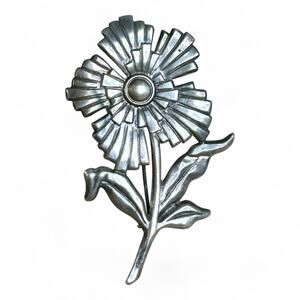 Vintage Sterling Silver Figural Flower Large Brooch Circa 1930s Art Deco